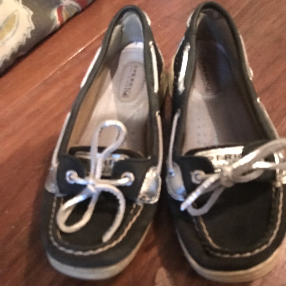 Sperry Topsider black loafers, boat shoes.